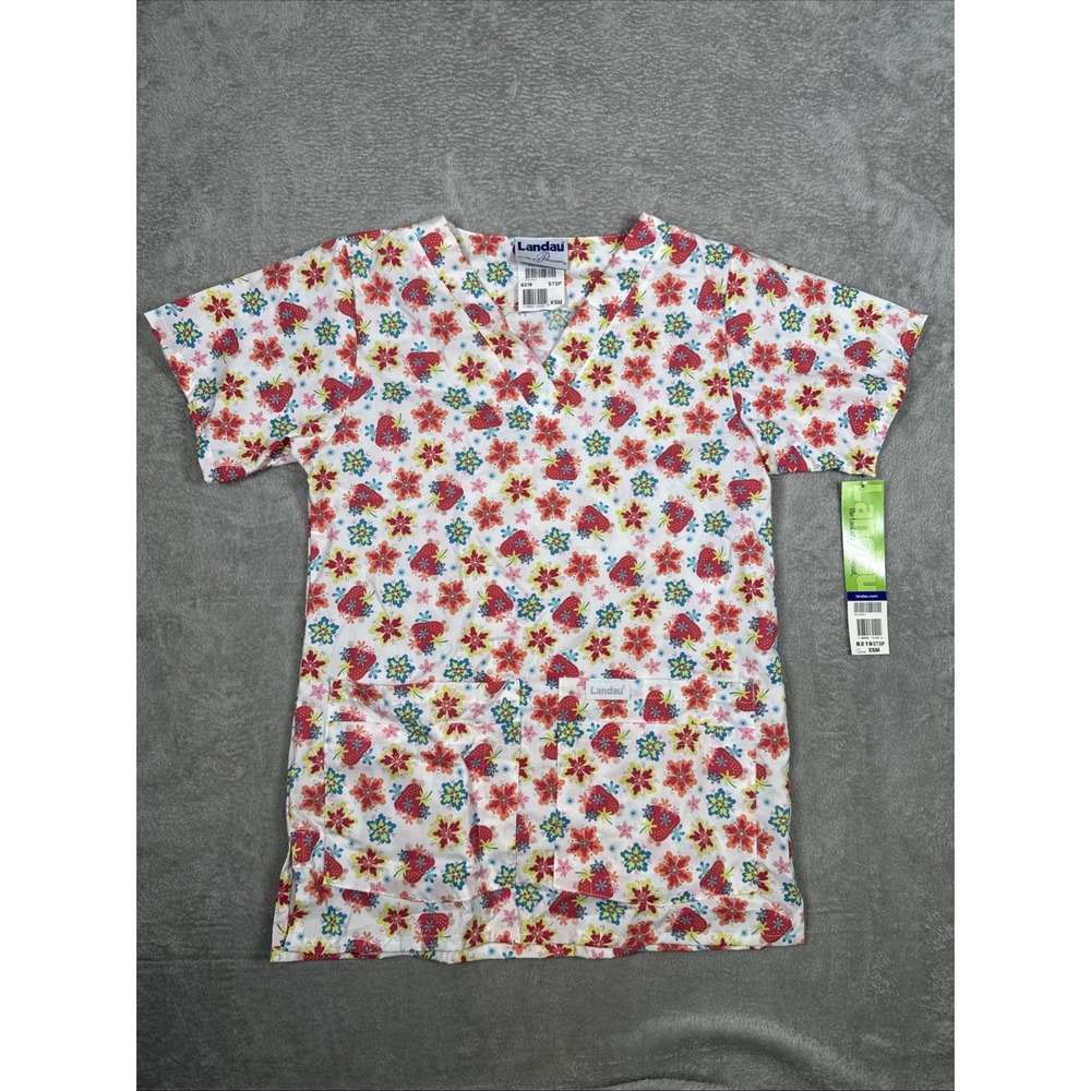 Landau Scrub‎ Top Size XSM Flowers & Strawberries Print